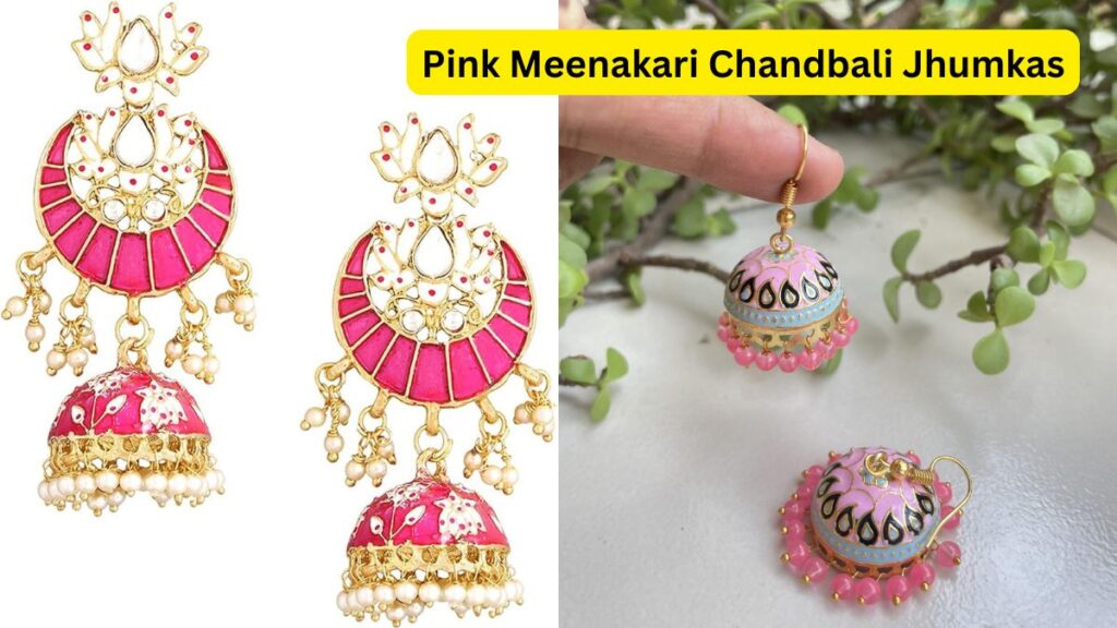 Pink Meenakari Chandbali Jhumkas