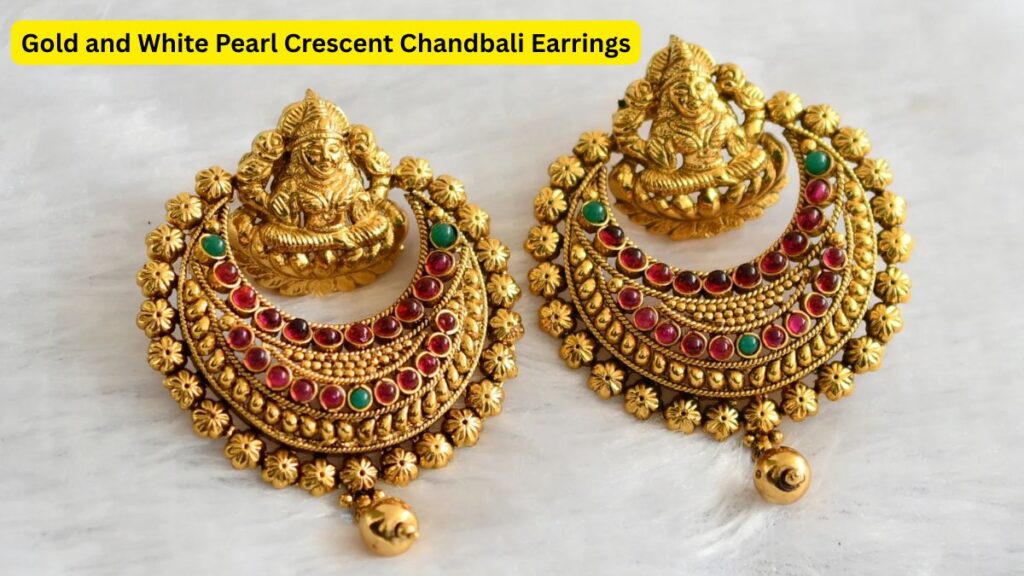 Gold and White Pearl Crescent Chandbali Earrings