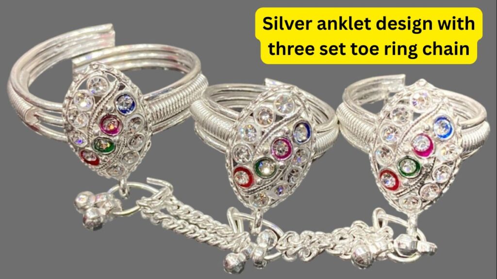 Silver anklet design with three set toe ring chain
