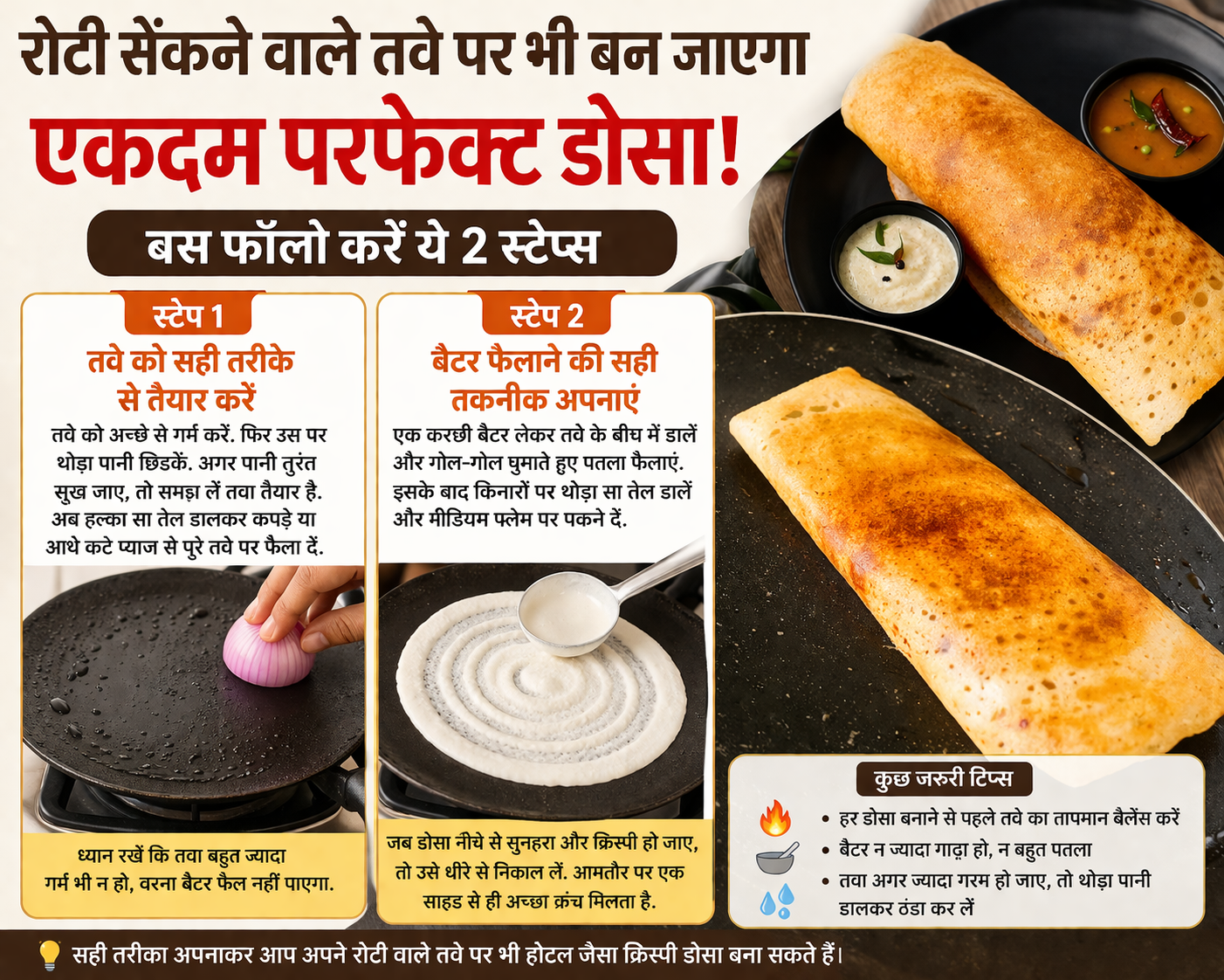 रोटी पैन में एकदम क्रिस्पी डोसा बनाने के लिए, बस ये दो आसान स्टेप्स फॉलो करें।